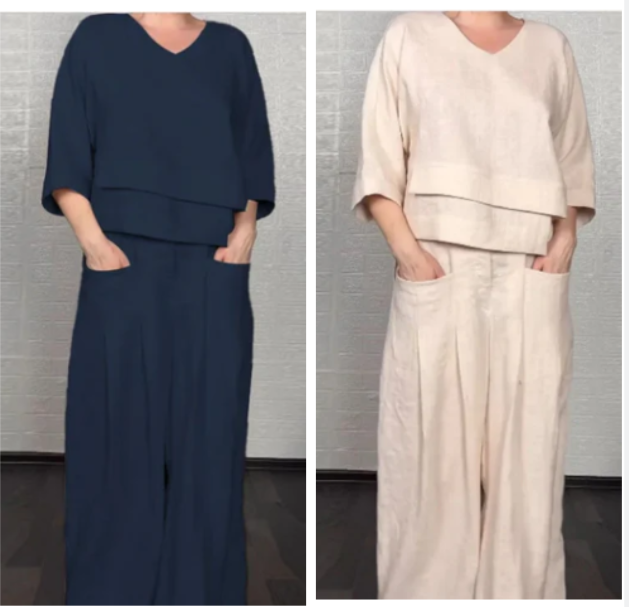 Benidorm - Conjunto de dos piezas de algodón y lino: top con cuello en V + pantalones de pierna ancha, transpirables y con un estilo desenfadado