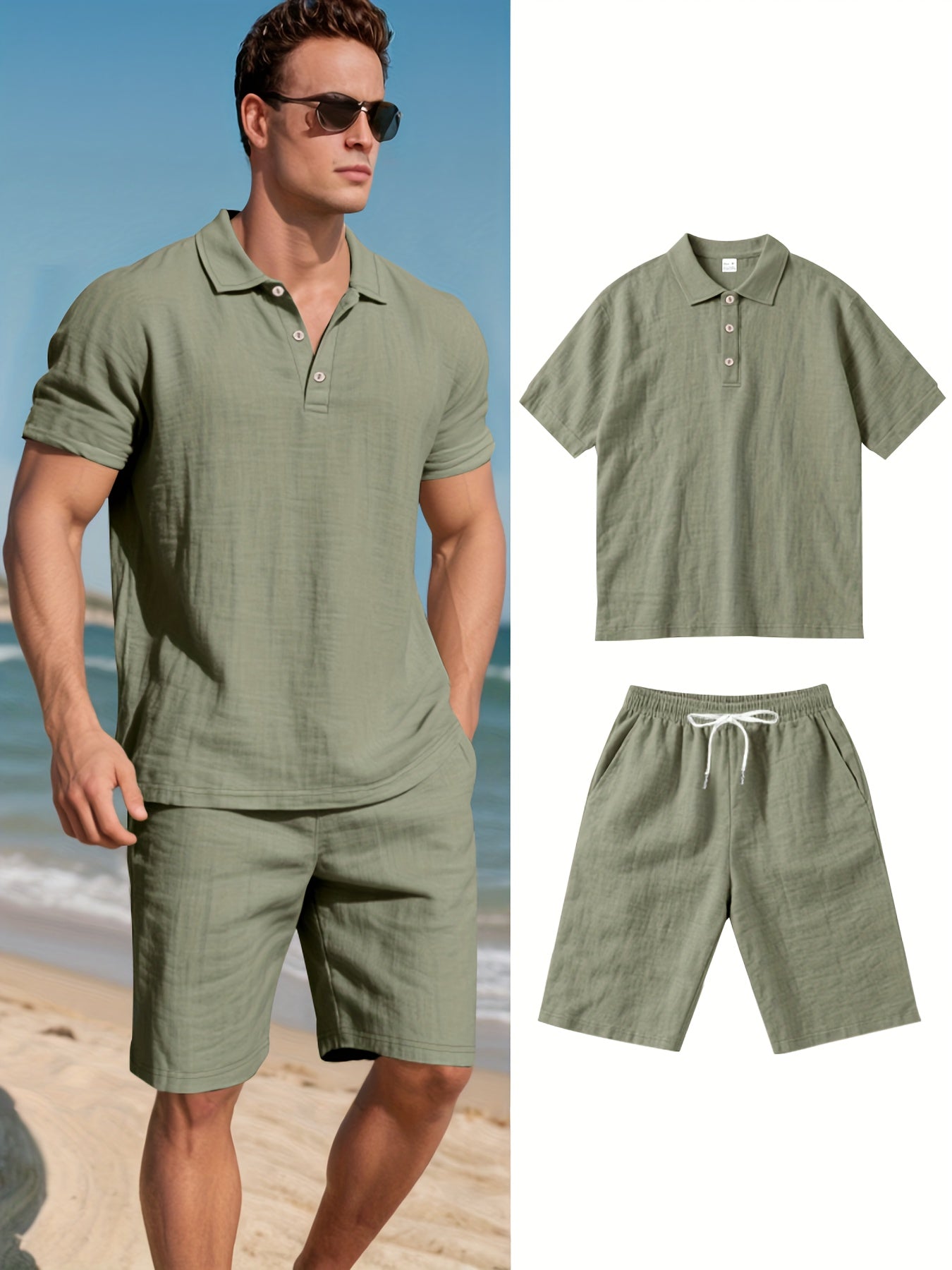 Conjunto de Polo y Pantalón Corto de Lino para Hombre