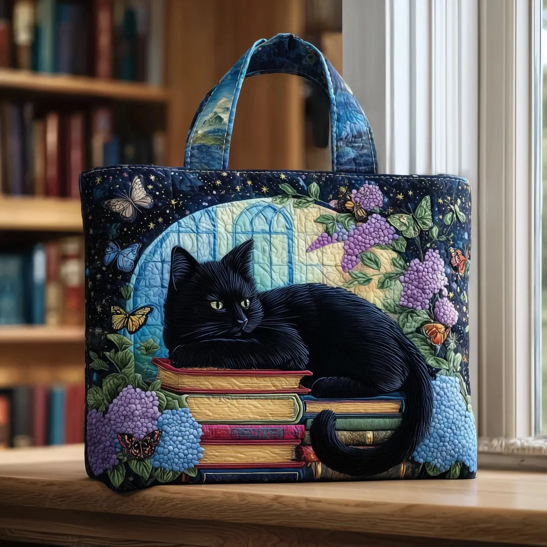 Bolso artesanal “Chat Noir” sobre libros.