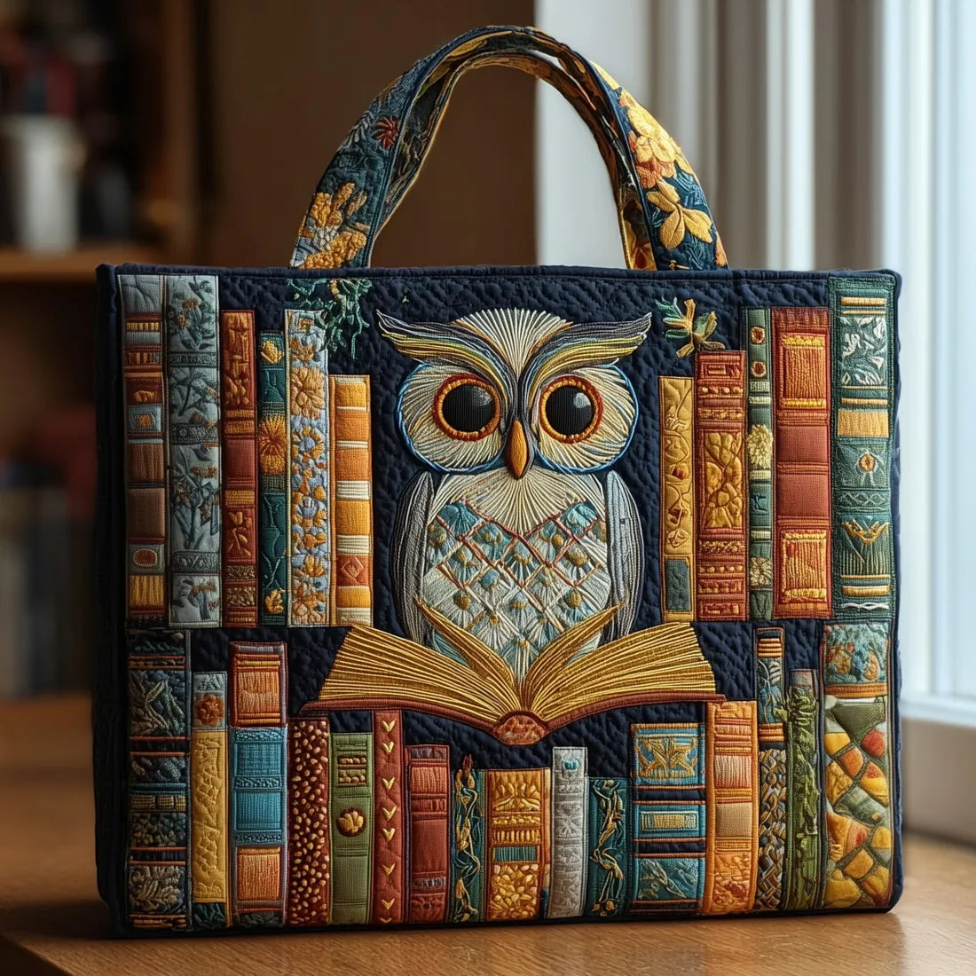 Bolso artesanal de búho entre libros antiguos.