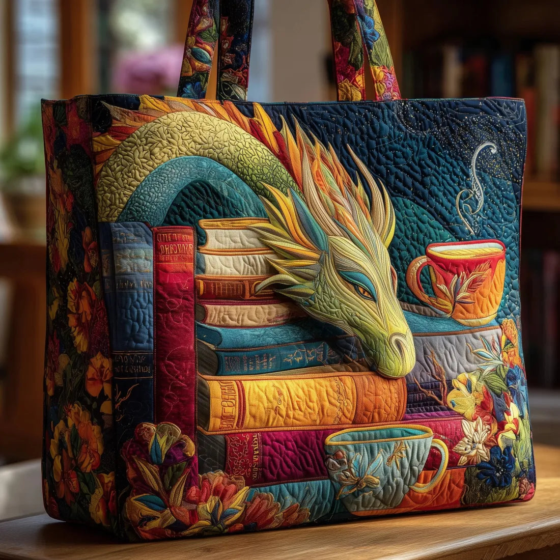 Bolso de hombro artesanal de dragón con libros y tazas.
