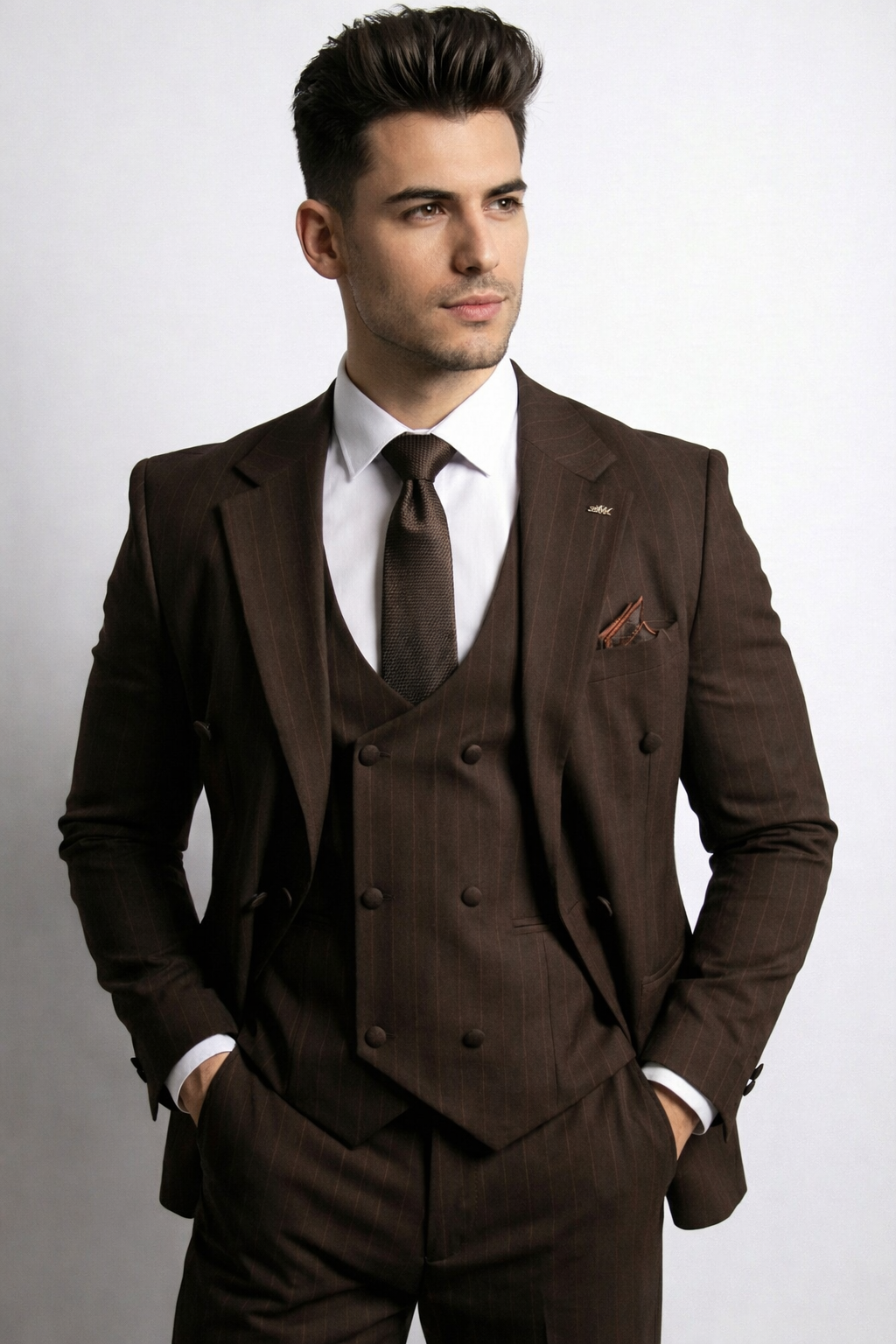 Traje de tres piezas de calidad premium con rayas sutiles  - distinción con personalidad.