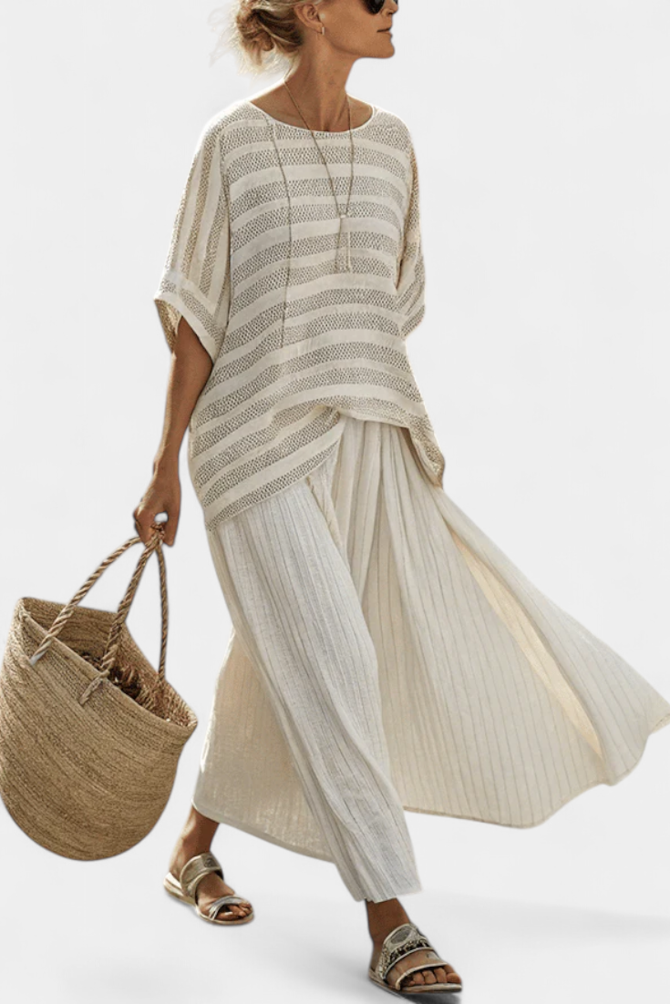 Graziella — Top a rayas de bambú natural y pantalones de lino fluidos