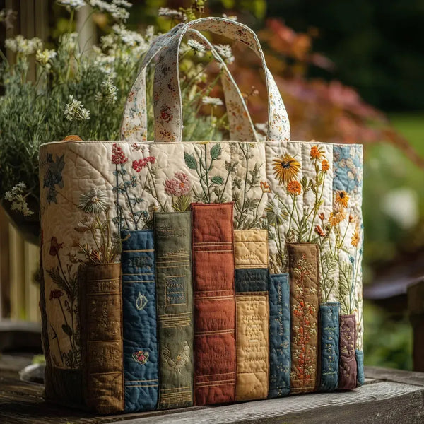 Bolso matelassé artesanal: libros y flores.