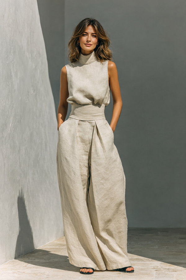 Maria - Conjunto de camiseta sin mangas y pantalones anchos de algodón y lino, de estilo minimalista, para mujer