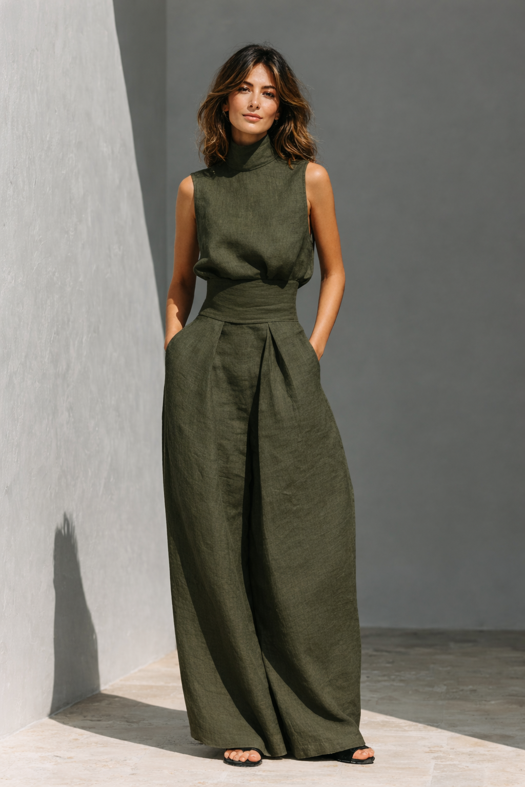 Maria - Conjunto de camiseta sin mangas y pantalones anchos de algodón y lino, de estilo minimalista, para mujer