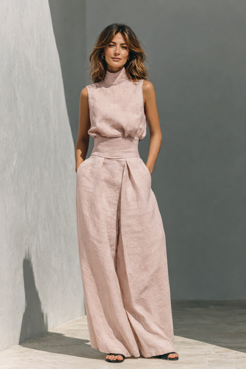 Maria - Conjunto de camiseta sin mangas y pantalones anchos de algodón y lino, de estilo minimalista, para mujer