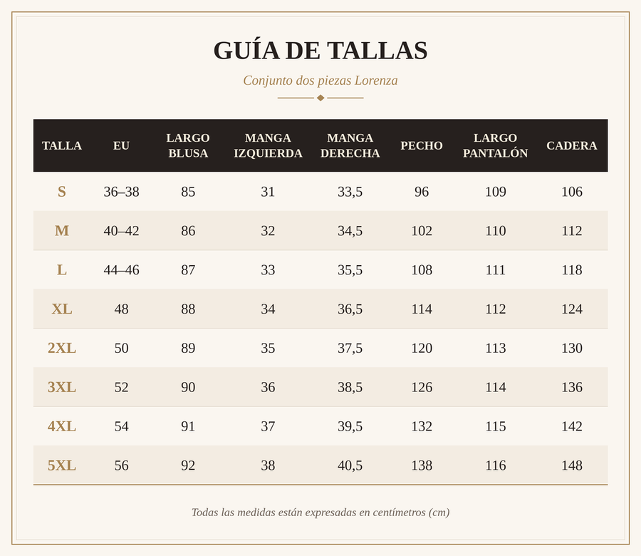 Guía de tallas de Lorenza™ | Conjunto elegante de dos piezas