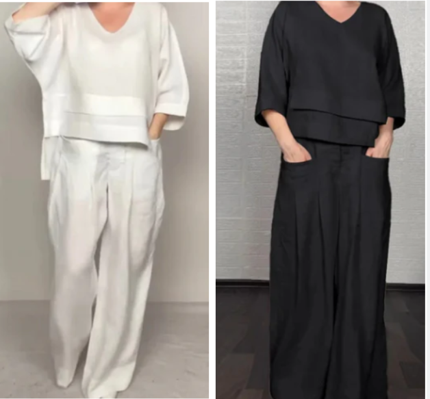 Benidorm - Conjunto de dos piezas de algodón y lino: top con cuello en V + pantalones de pierna ancha, transpirables y con un estilo desenfadado