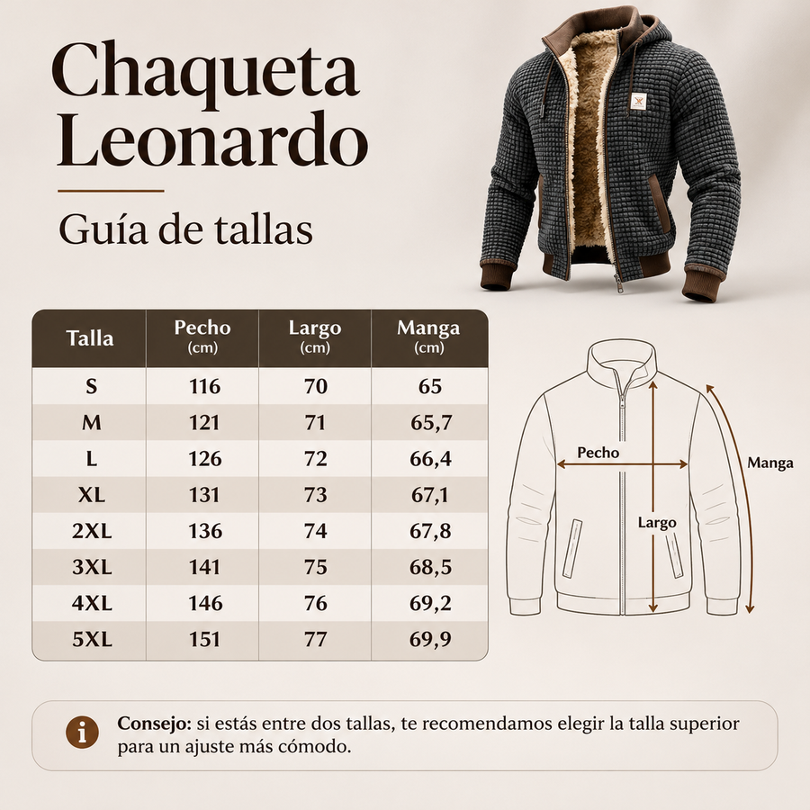 Guía de tallas de Leonardo | Chaqueta Retro con Capucha y Cremallera