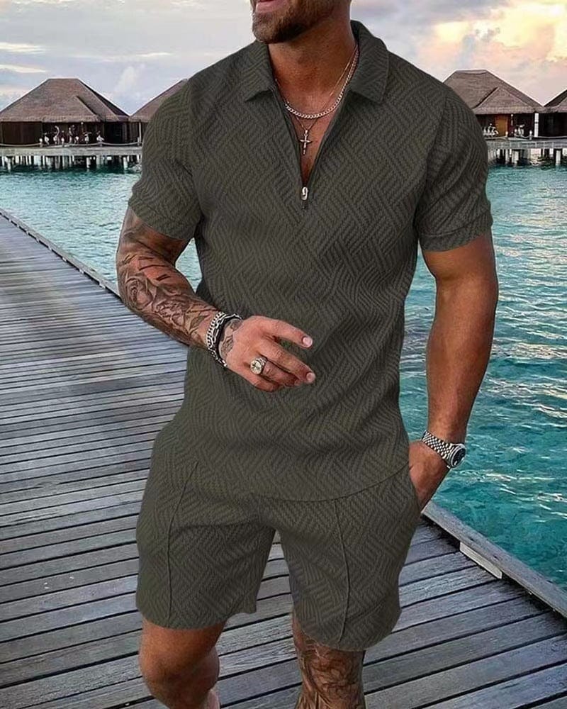 Conjunto de verano para hombre con camiseta con cremallera y pantalón corto casual