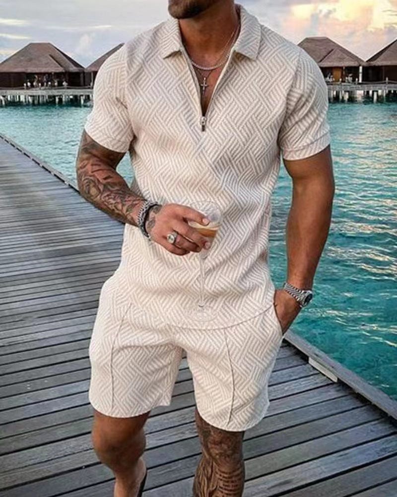 Conjunto de verano para hombre con camiseta con cremallera y pantalón corto casual