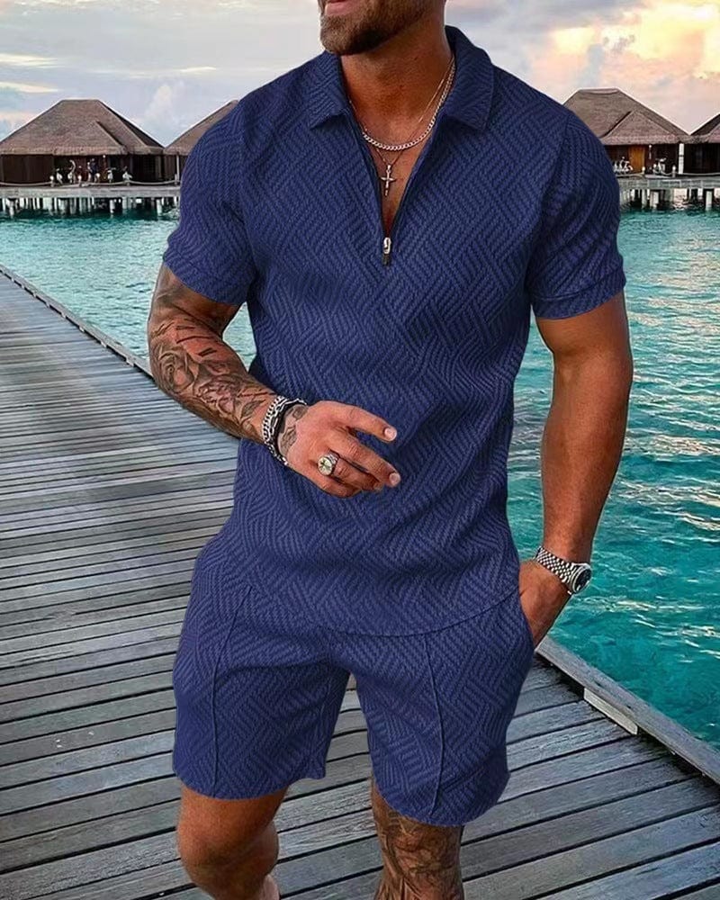 Conjunto de verano para hombre con camiseta con cremallera y pantalón corto casual