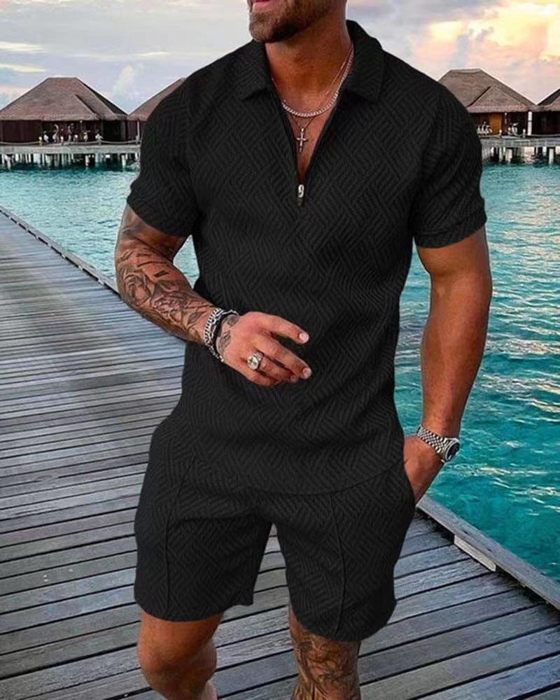 Conjunto de verano para hombre con camiseta con cremallera y pantalón corto casual