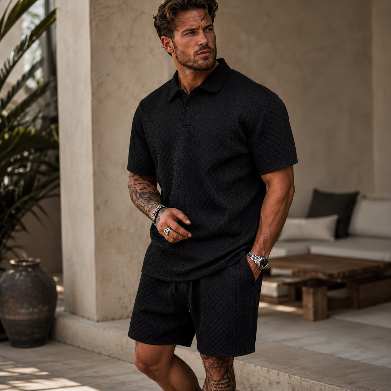 Conjunto para Hombre de Polo y Shorts con Patrón Texturizado Diagonal