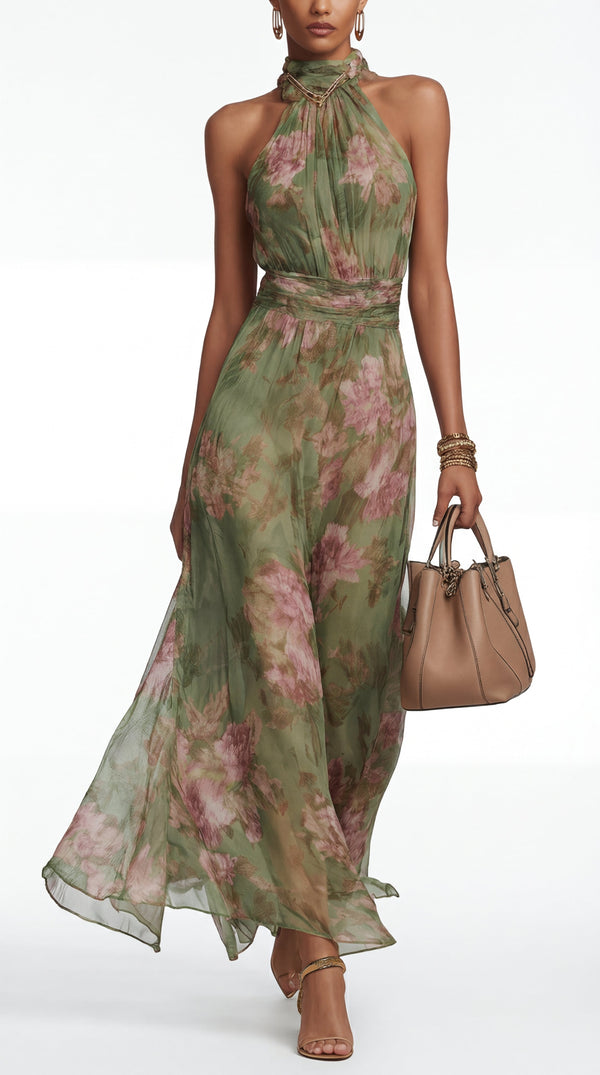 Livia | Vestido maxi halter floral elegante