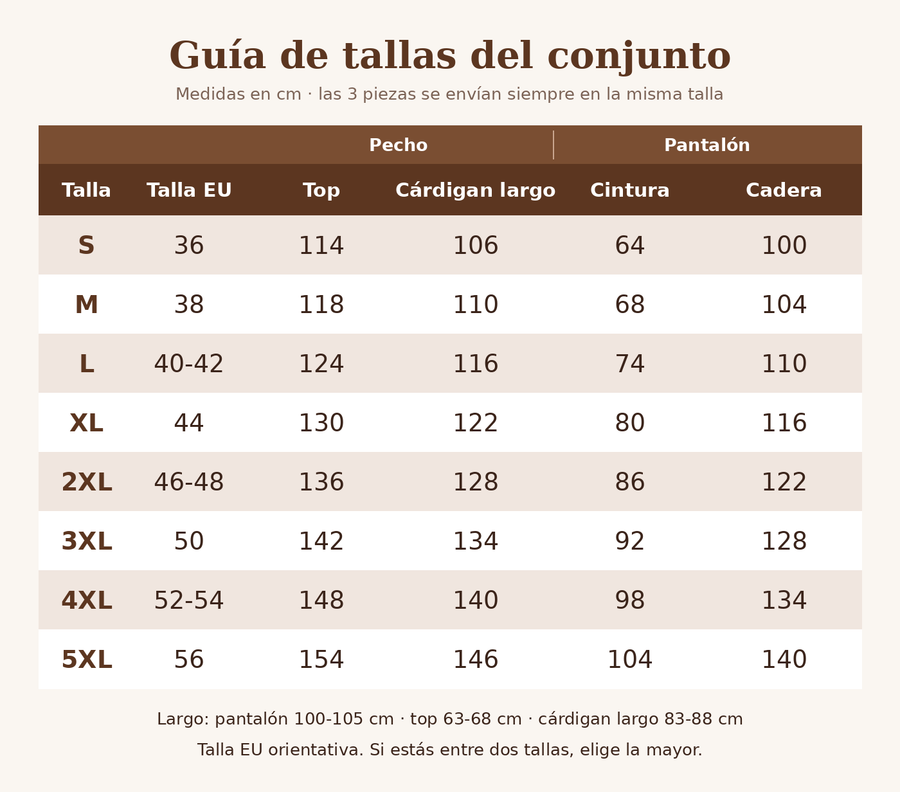 Guía de tallas de Conjunto elegante de 3 piezas: cárdigan largo + top + pantalón