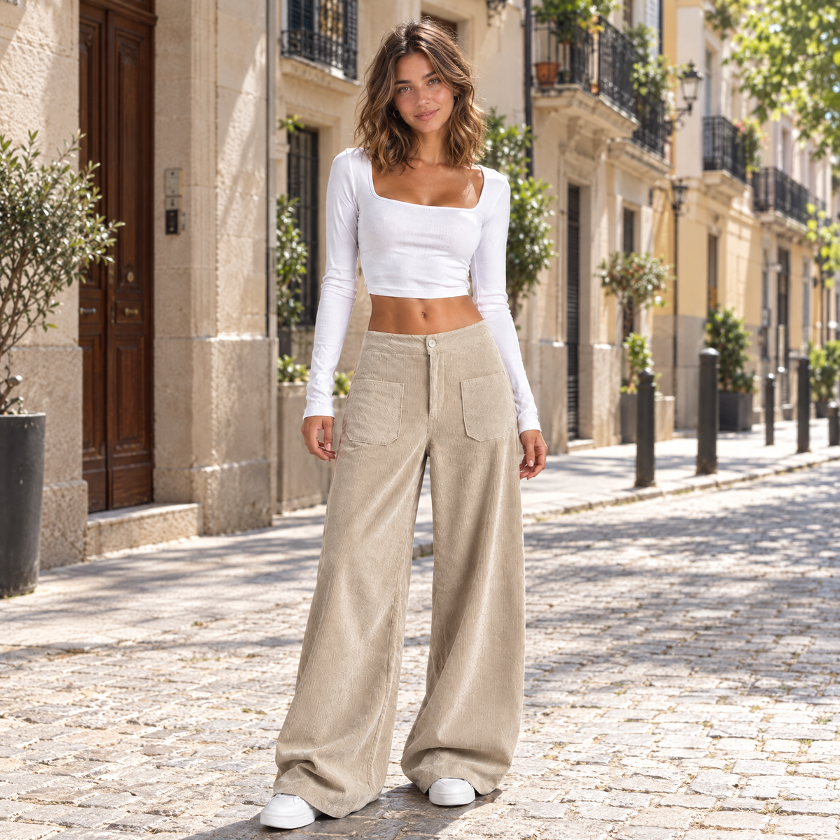 Amelia - Pantalón Ancho, calle empedrada con fachadas y balcones