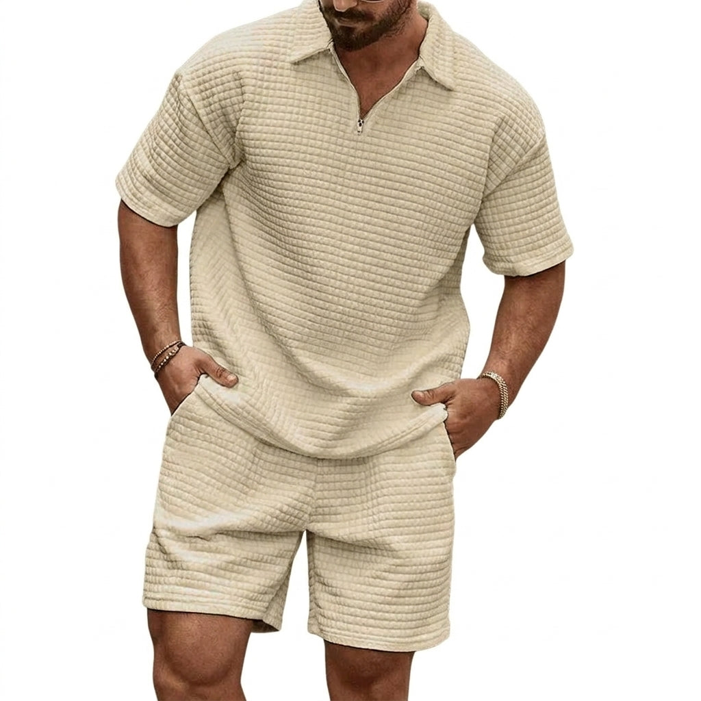 Conjunto para hombre - Polo con Cremallera y Pantalones Cortos con Textura de Cuadrícula