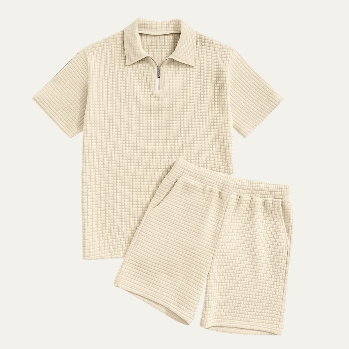 Conjunto para hombre - Polo con Cremallera y Pantalones Cortos con Textura de Cuadrícula