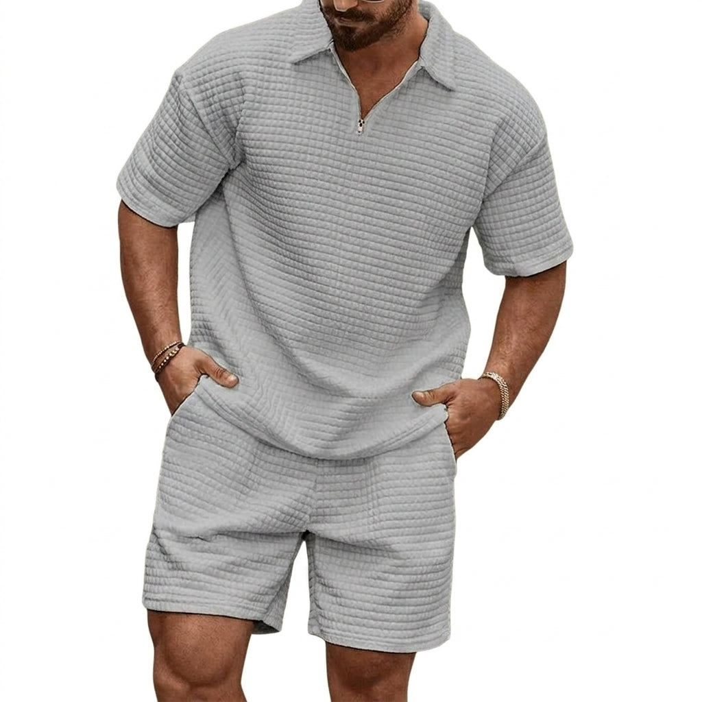Conjunto para hombre - Polo con Cremallera y Pantalones Cortos con Textura de Cuadrícula