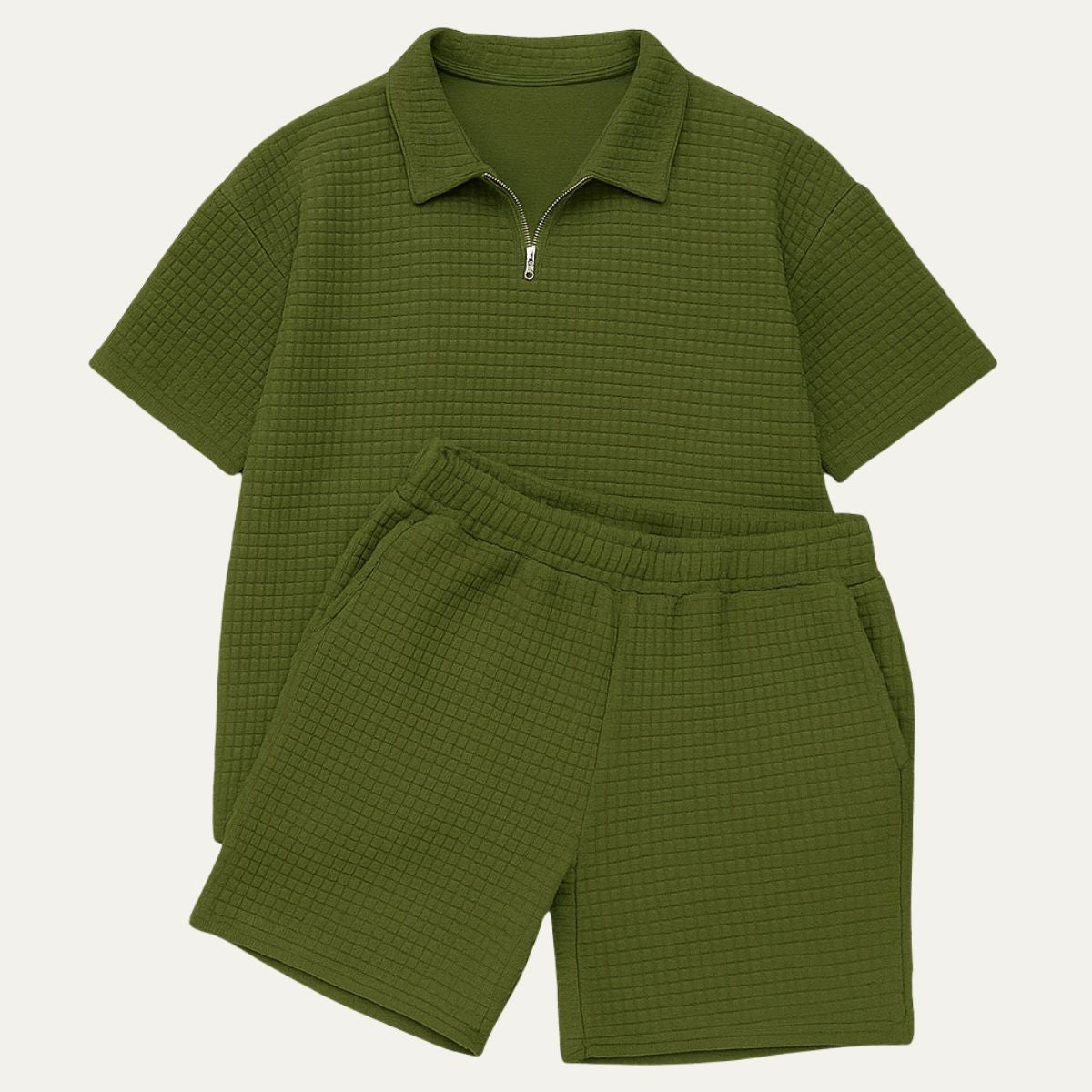 Conjunto para hombre - Polo con Cremallera y Pantalones Cortos con Textura de Cuadrícula