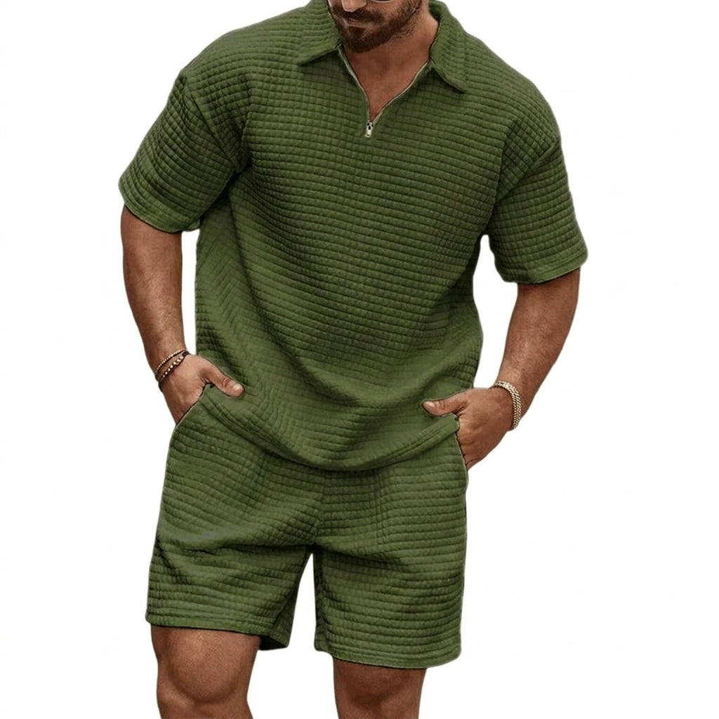 Conjunto para hombre - Polo con Cremallera y Pantalones Cortos con Textura de Cuadrícula