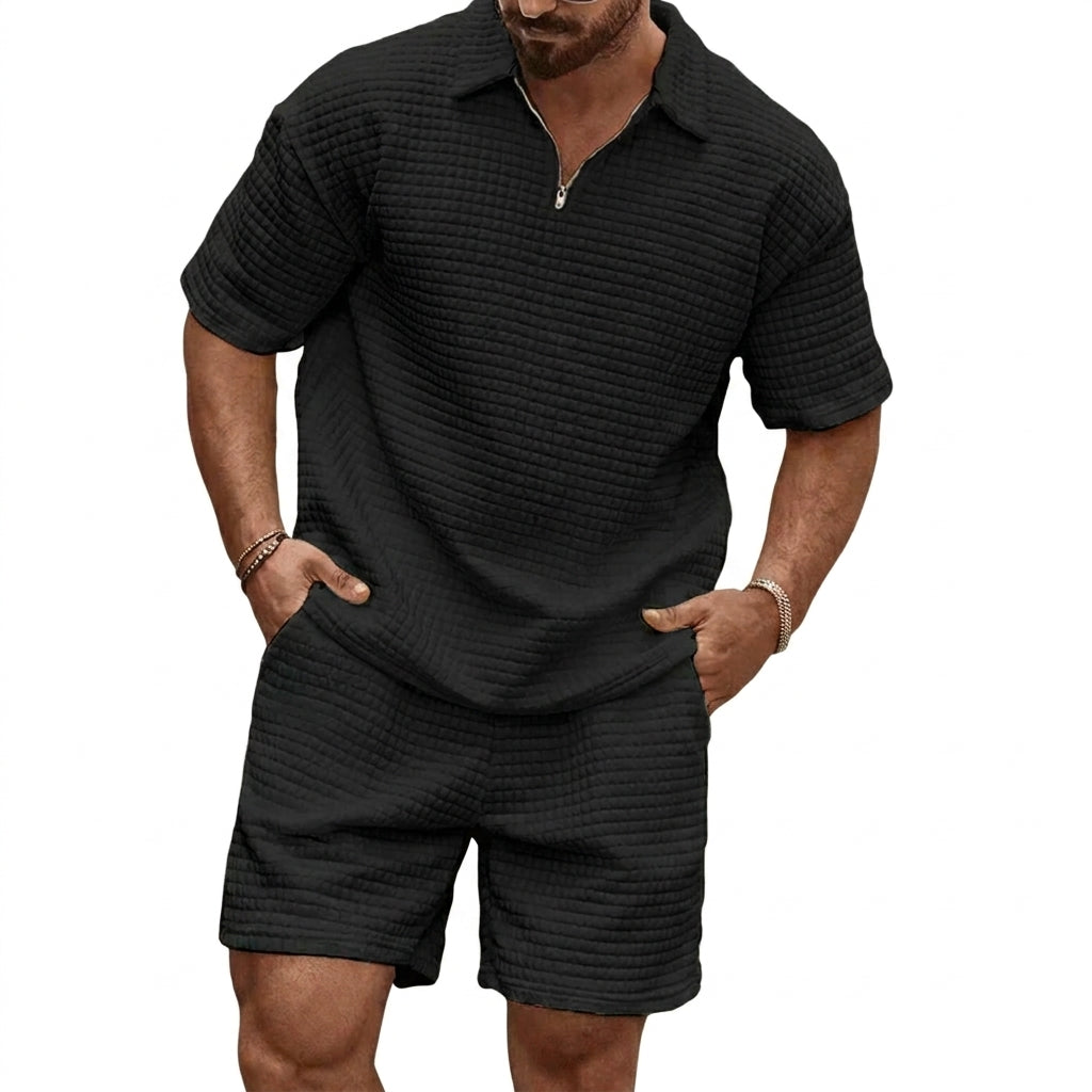 Conjunto para hombre - Polo con Cremallera y Pantalones Cortos con Textura de Cuadrícula