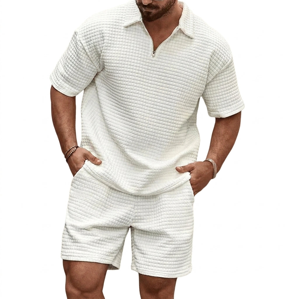 Conjunto para hombre - Polo con Cremallera y Pantalones Cortos con Textura de Cuadrícula