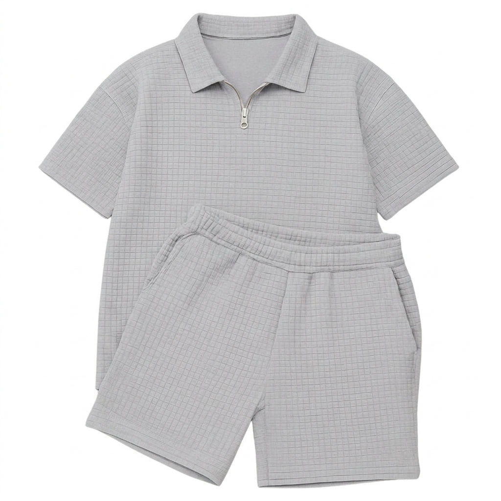 Conjunto para hombre - Polo con Cremallera y Pantalones Cortos con Textura de Cuadrícula