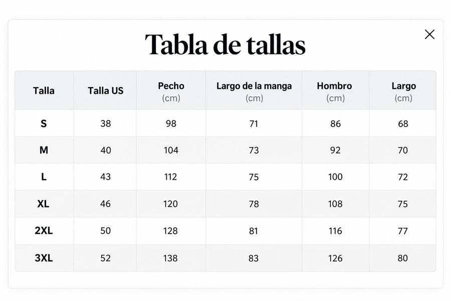 Guía de tallas de Isric | Jersey de Punto Texturizado