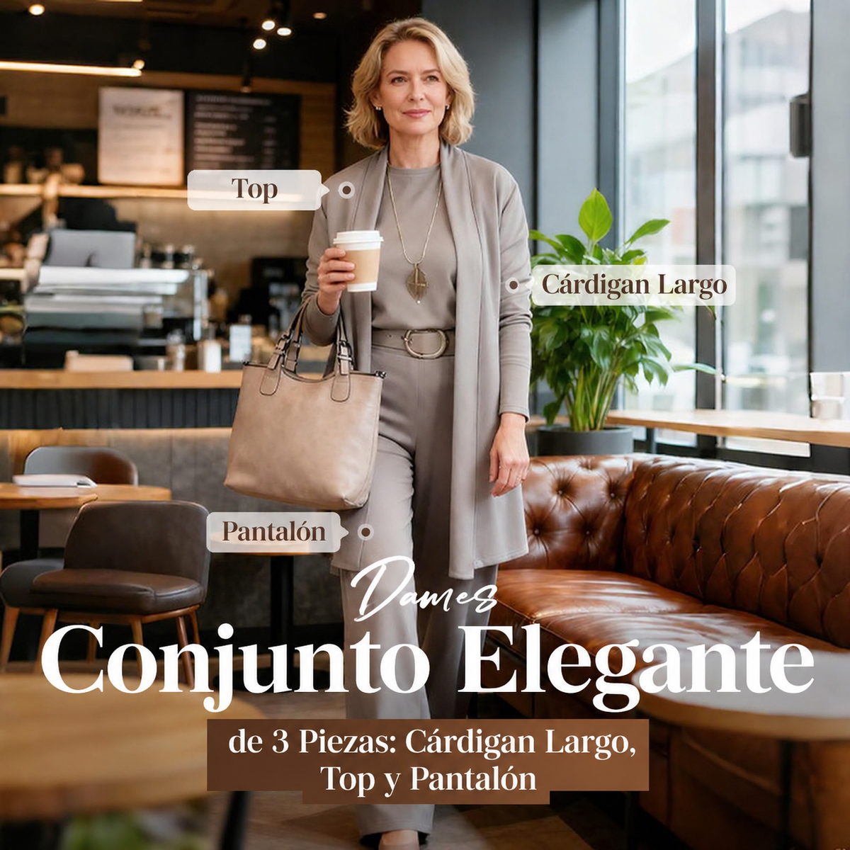 Conjunto elegante de 3 piezas: cárdigan largo + top + pantalón