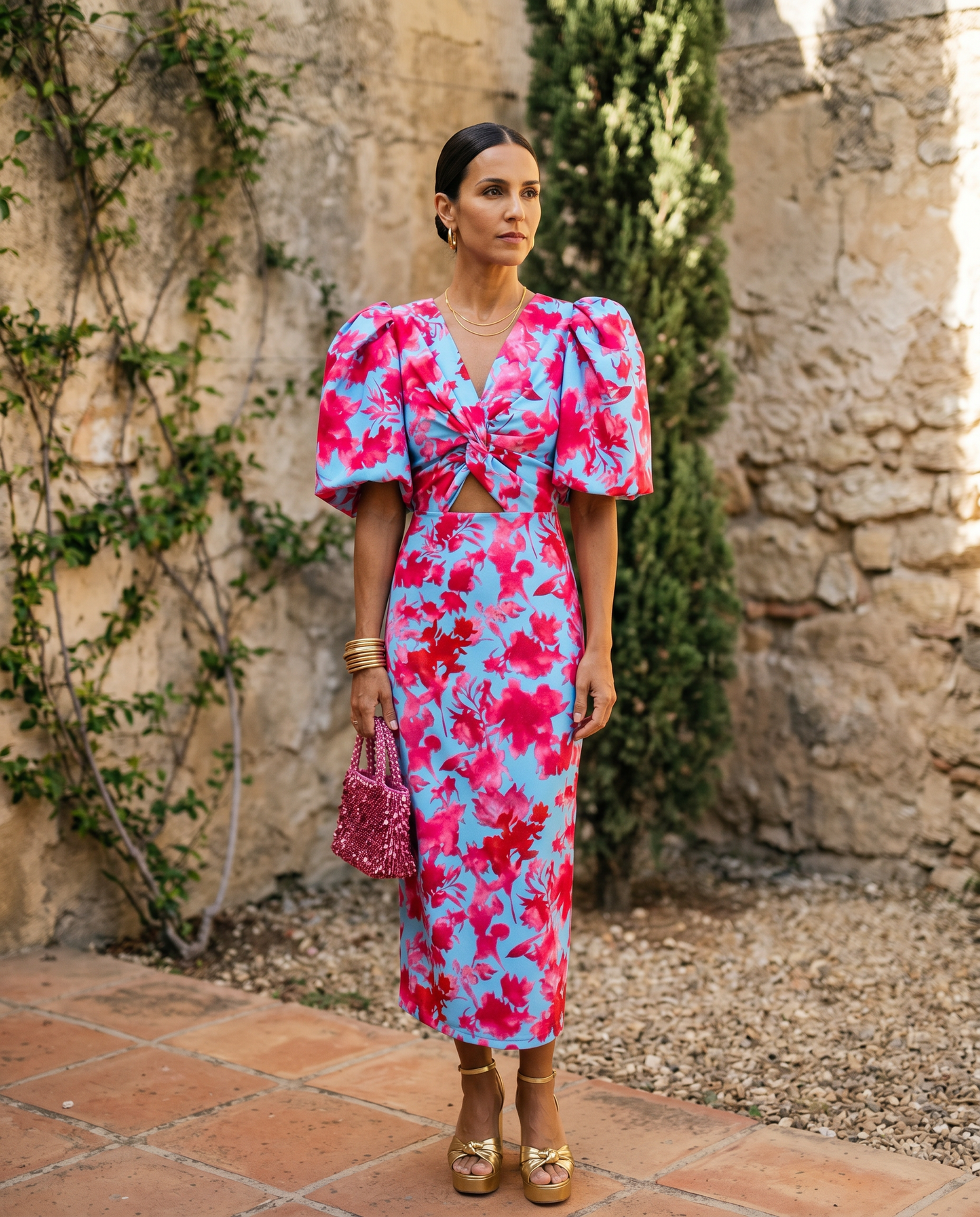 Sophie | Vestido Midi Estampado con Mangas Abullonadas