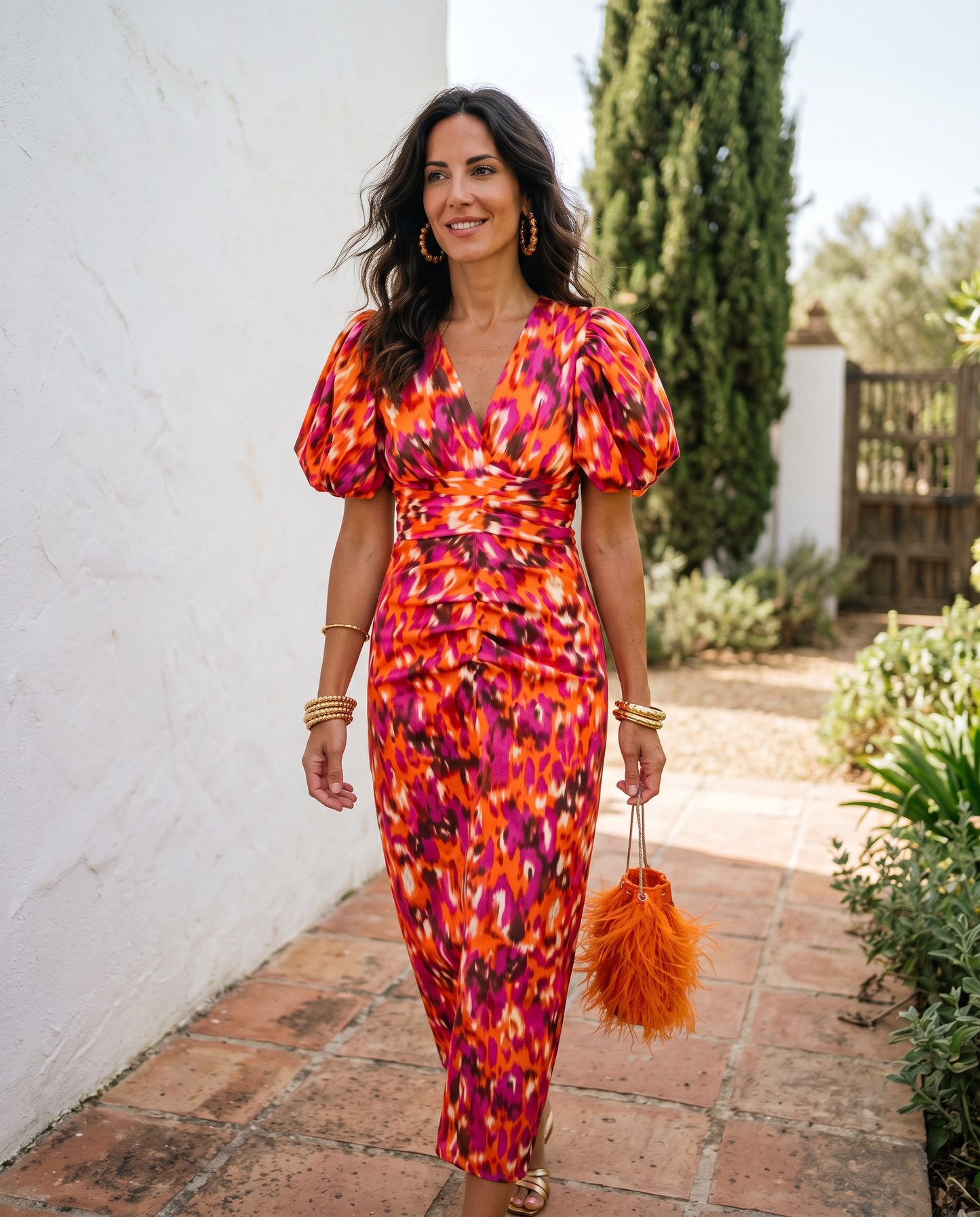Sophie | Vestido Midi Estampado con Mangas Abullonadas