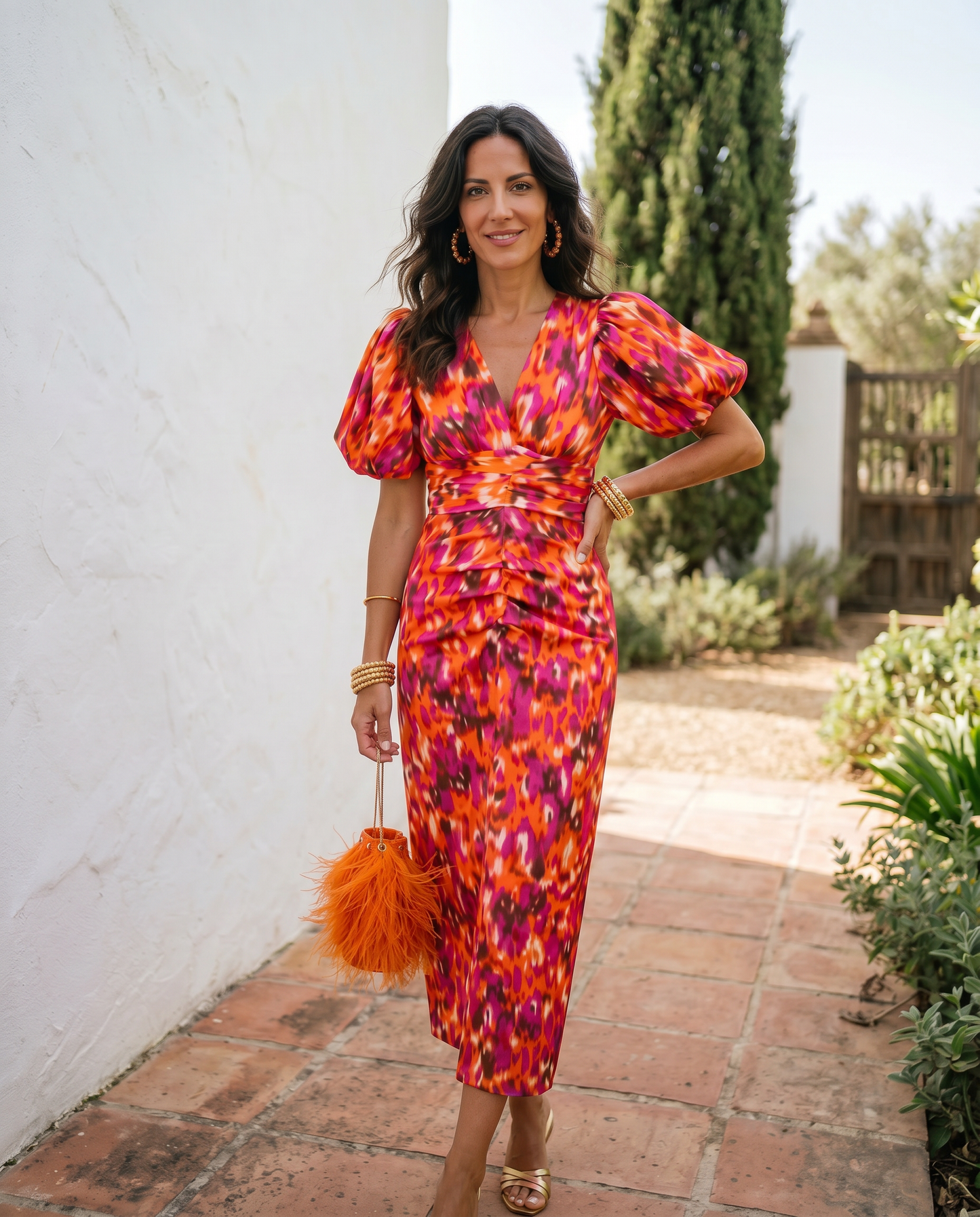 Sophie | Vestido Midi Estampado con Mangas Abullonadas