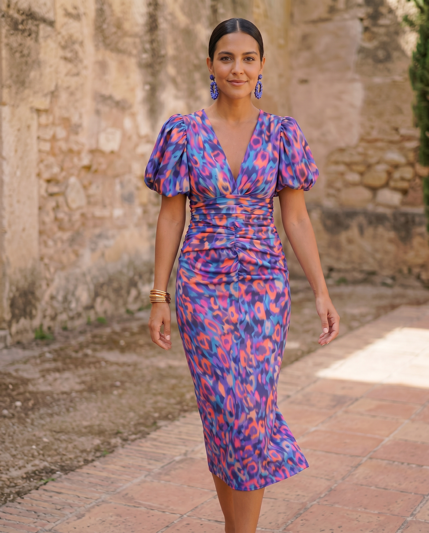 Sophie | Vestido Midi Estampado con Mangas Abullonadas