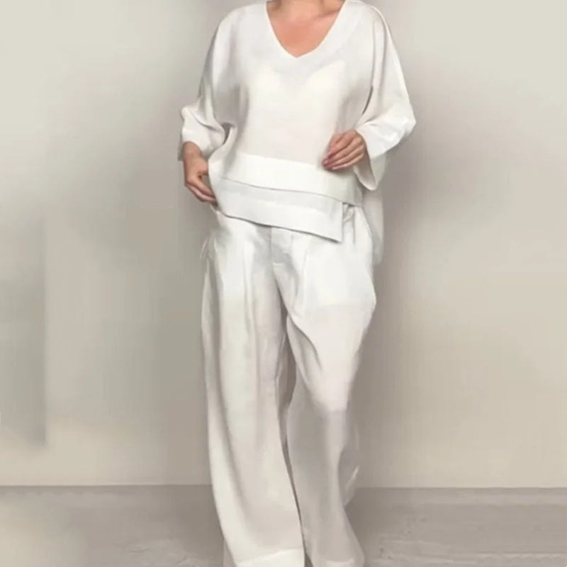 Benidorm - Conjunto de dos piezas de algodón y lino: top con cuello en V + pantalones de pierna ancha, transpirables y con un estilo desenfadado