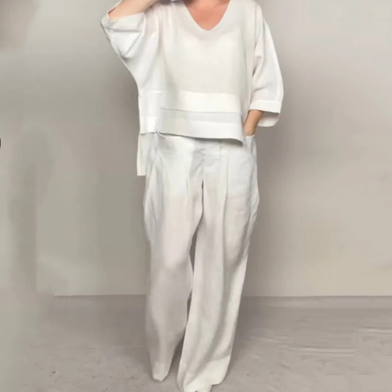 Benidorm - Conjunto de dos piezas de algodón y lino: top con cuello en V + pantalones de pierna ancha, transpirables y con un estilo desenfadado