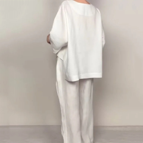 Benidorm - Conjunto de dos piezas de algodón y lino: top con cuello en V + pantalones de pierna ancha, transpirables y con un estilo desenfadado