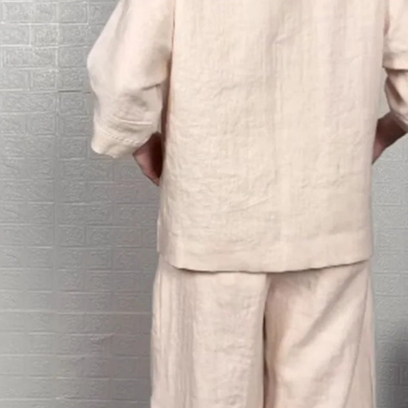 Benidorm - Conjunto de dos piezas de algodón y lino: top con cuello en V + pantalones de pierna ancha, transpirables y con un estilo desenfadado