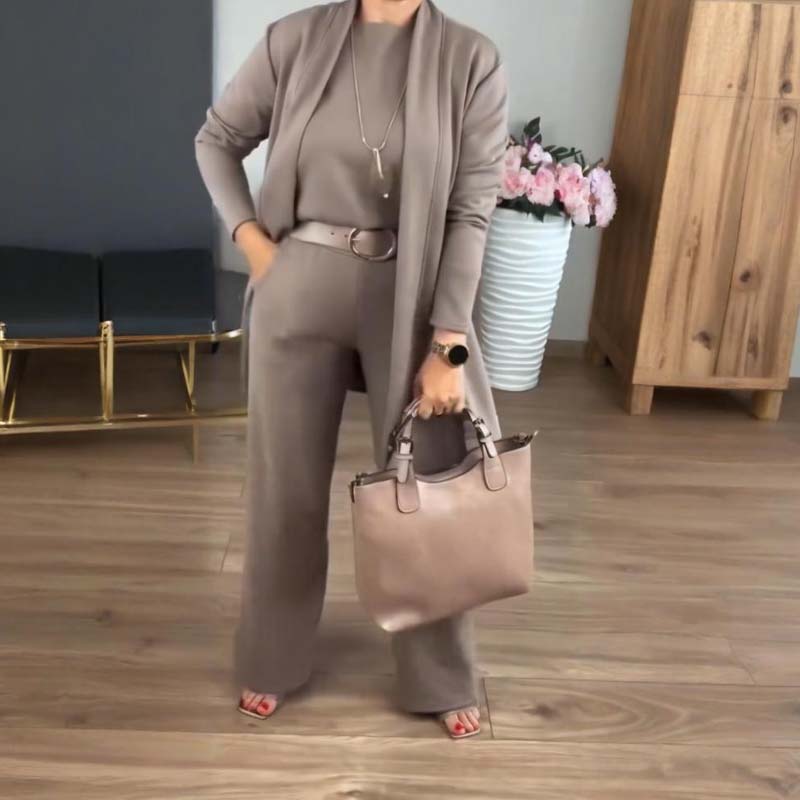 Conjunto elegante de 3 piezas: cárdigan largo + top + pantalón