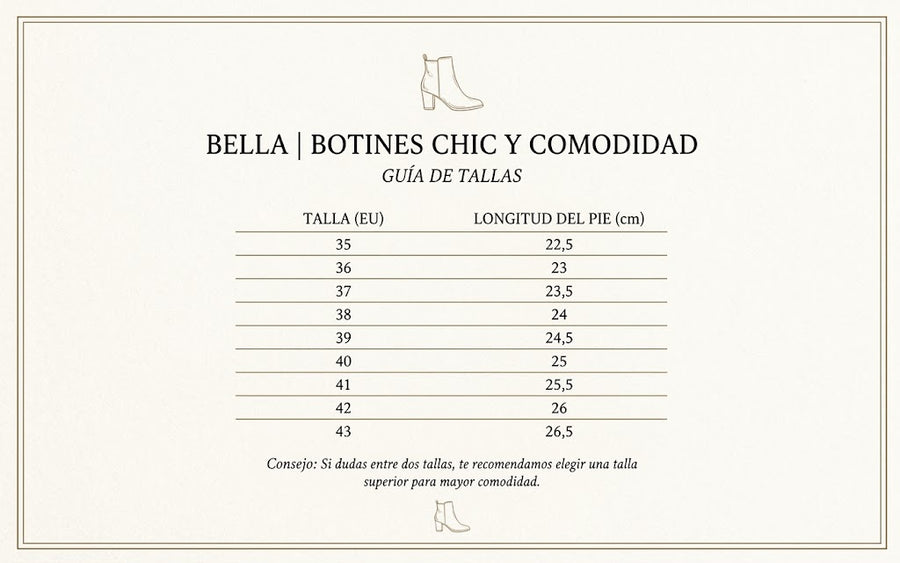 Guía de tallas de Bella | Botines Elegantes y Cómodos