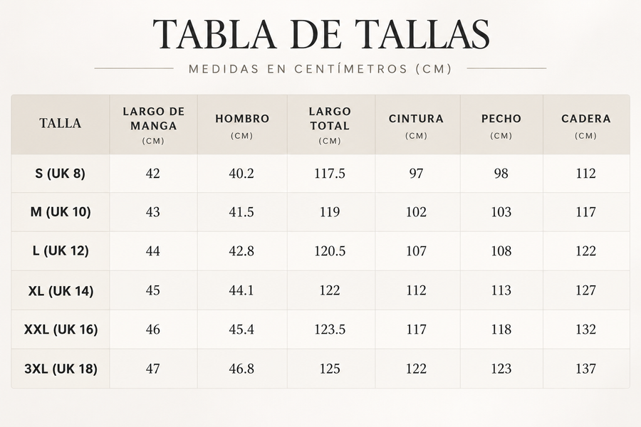 Guía de tallas de Madelle | Abrigo Largo de Corte Elegante