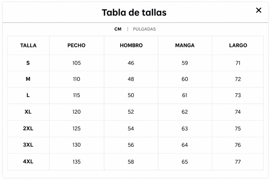 Guía de tallas de Thomas | Jersey de Manga Larga
